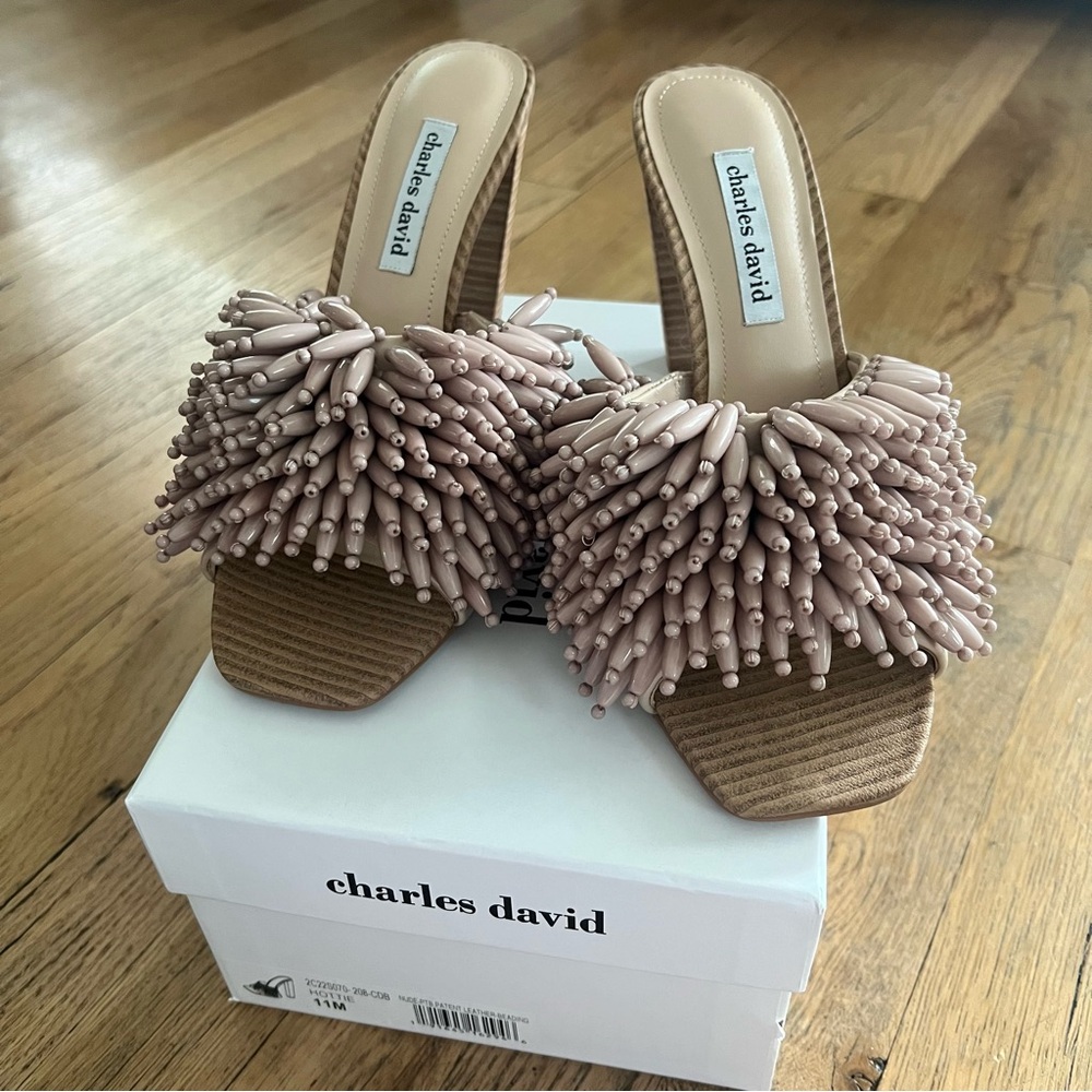 Charles David Hottie Beaded Mule Sandals, Nude, Block Heel